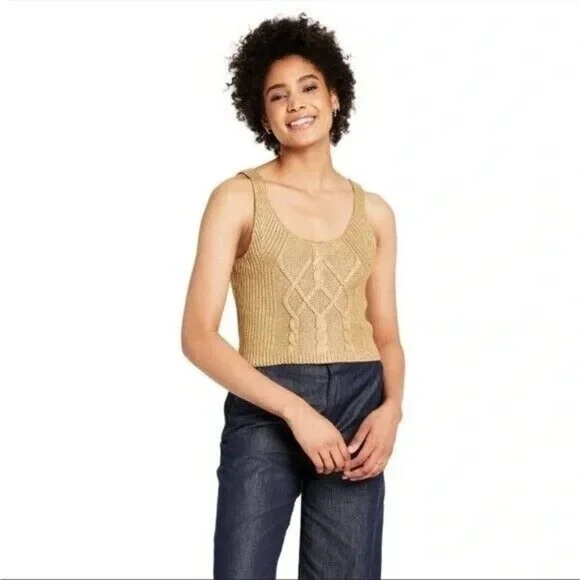 Kika Vargas Women's Size Medium Metallic Gold Cable Knit Sweater Style Tank Top - Picture 3 of 8